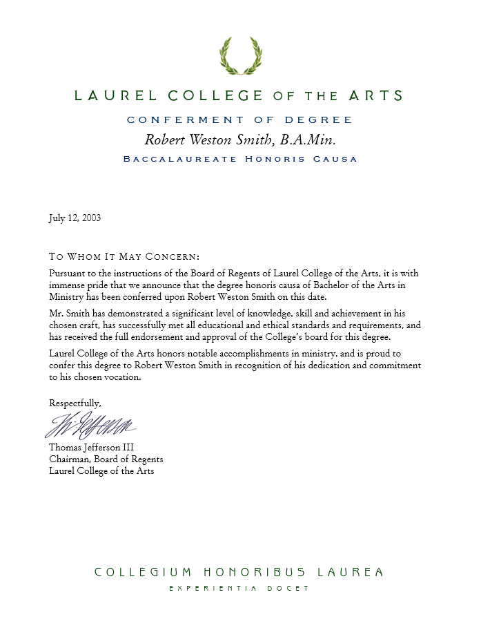 Honorary Doctorate Degree | Sample Diploma | Laurel College
