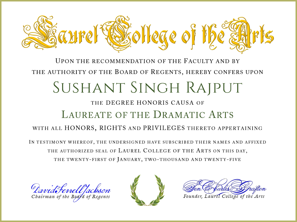 Sushant Singh Rajput Laureate Degree Diploma (Image)